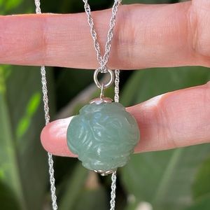 Carved natural aventurine Chinese sphere ball pendant & silver tone chain